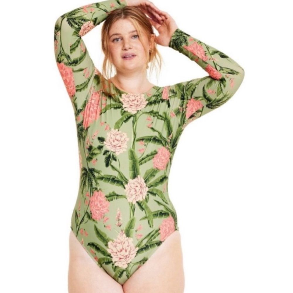 Agua Bendita Peony Floral Long Sleeve Rashguard/Swimsuit NEW